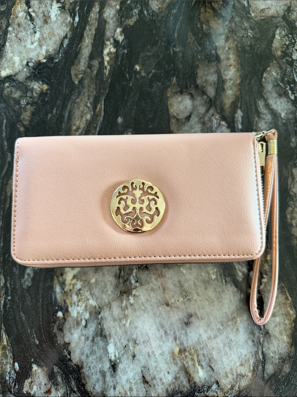 Blush Pink Wristlet Clutch with Gold Emblem